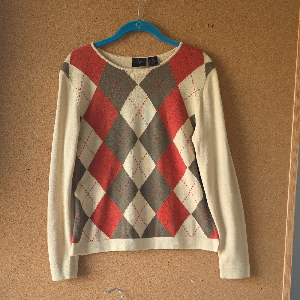Tailor B. Moss Beige and Brown Argyle Lightweight Sweater Size M Cotton Blend
